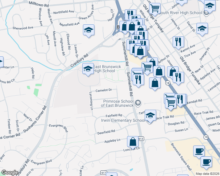 map of restaurants, bars, coffee shops, grocery stores, and more near 8 Camelot Drive in East Brunswick