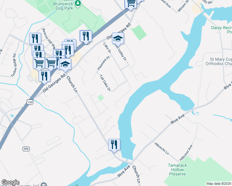 map of restaurants, bars, coffee shops, grocery stores, and more near 1 Blythewood Court in North Brunswick Township
