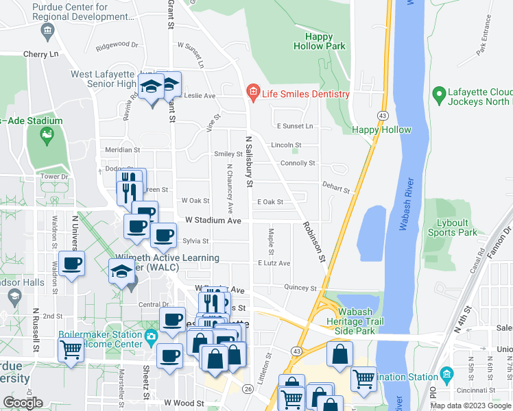 map of restaurants, bars, coffee shops, grocery stores, and more near 105 East Oak Street in West Lafayette