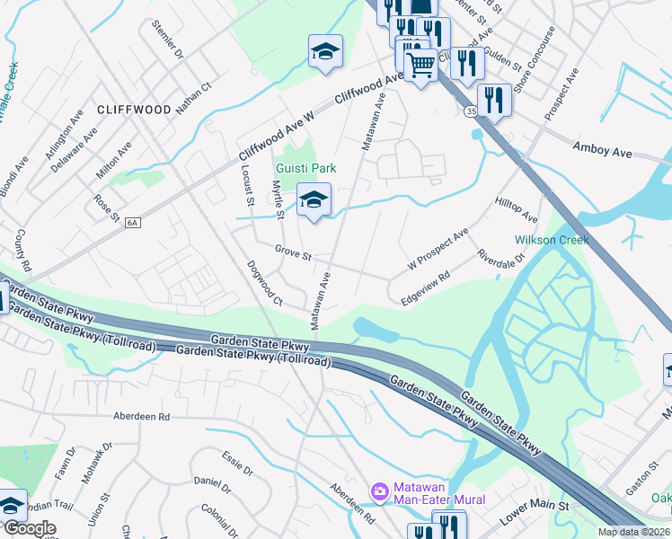 map of restaurants, bars, coffee shops, grocery stores, and more near 528 Matawan Avenue in Keyport