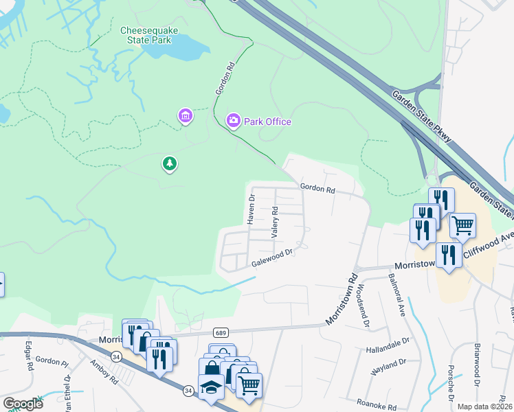 map of restaurants, bars, coffee shops, grocery stores, and more near 7 Ohio Court in Matawan