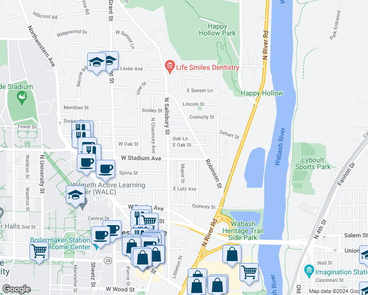 map of restaurants, bars, coffee shops, grocery stores, and more near 131 East Oak Street in West Lafayette