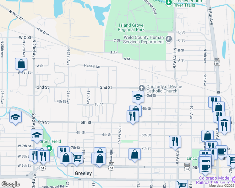 map of restaurants, bars, coffee shops, grocery stores, and more near 214 16th Avenue in Greeley