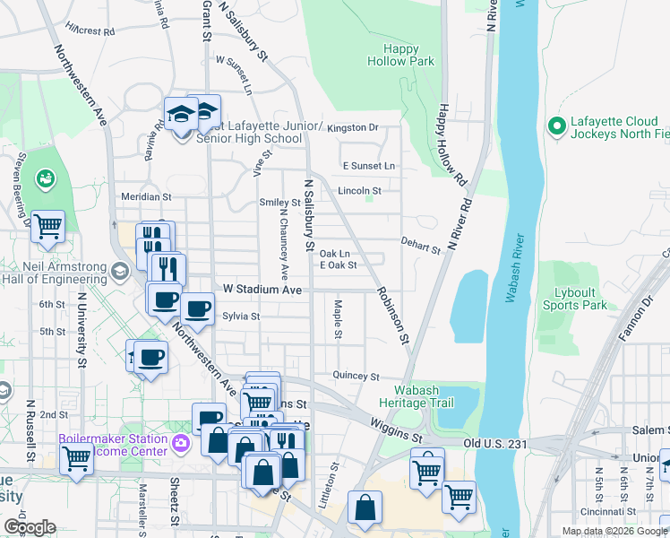 map of restaurants, bars, coffee shops, grocery stores, and more near 146 East Stadium Avenue in West Lafayette