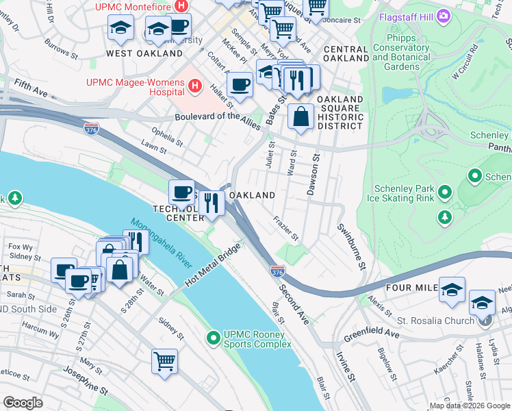 map of restaurants, bars, coffee shops, grocery stores, and more near 10 Wakefield Street in Pittsburgh
