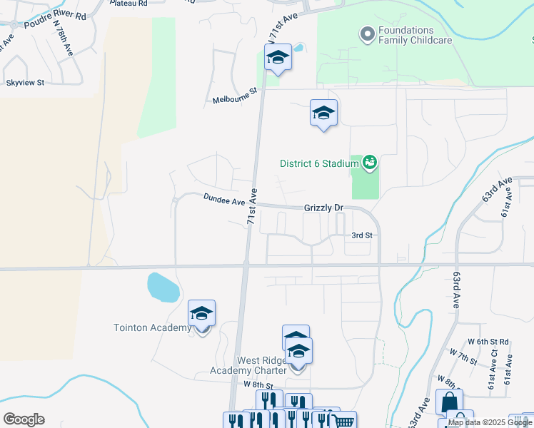 map of restaurants, bars, coffee shops, grocery stores, and more near 6911 West 3rd Street in Greeley