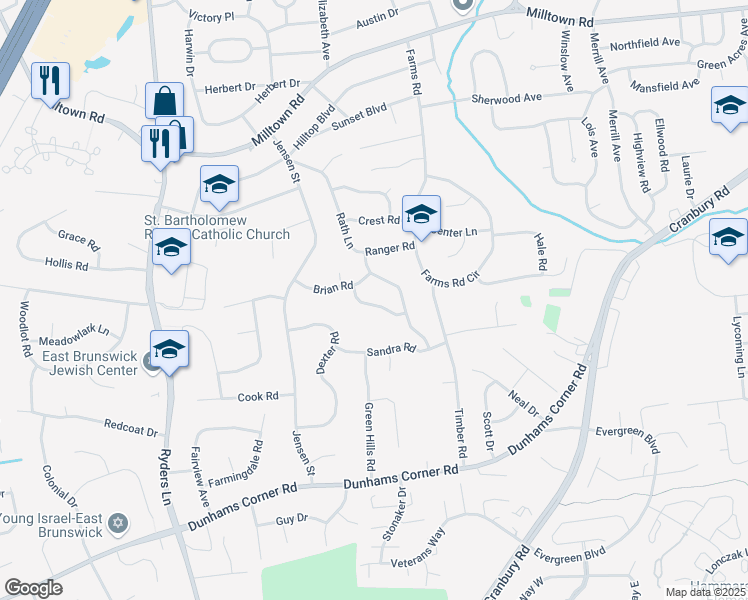 map of restaurants, bars, coffee shops, grocery stores, and more near 7 Apple Manor Lane in East Brunswick