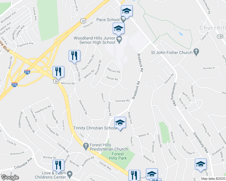 map of restaurants, bars, coffee shops, grocery stores, and more near 218 Glasgow Road in Pittsburgh