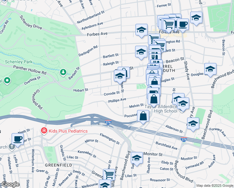 map of restaurants, bars, coffee shops, grocery stores, and more near 5529 Phillips Avenue in Pittsburgh