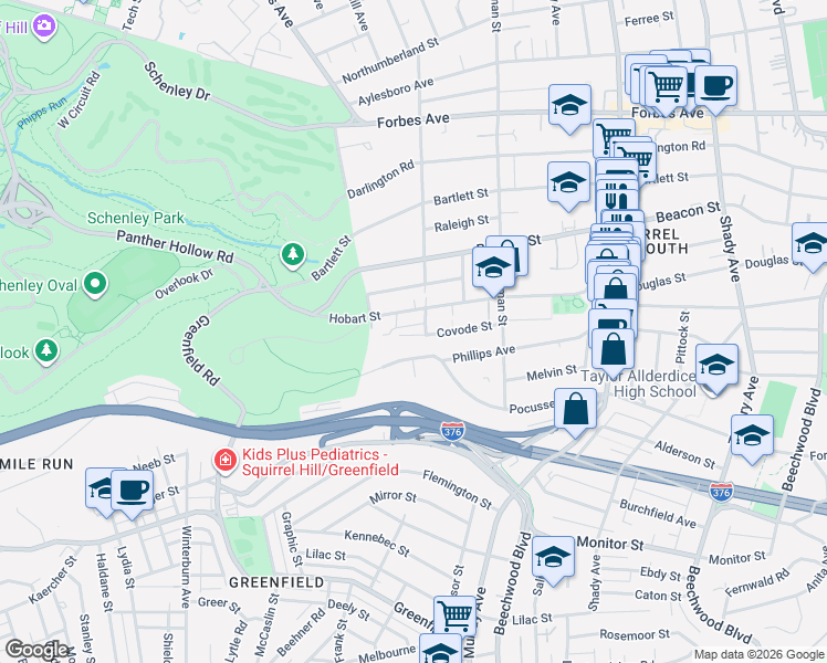 map of restaurants, bars, coffee shops, grocery stores, and more near 5479 Pocusset Street in Pittsburgh