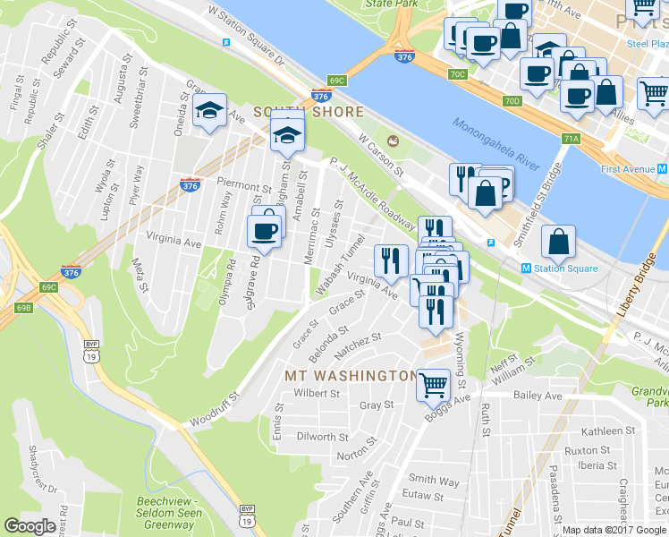 map of restaurants, bars, coffee shops, grocery stores, and more near 321 Merrimac Street in Pittsburgh