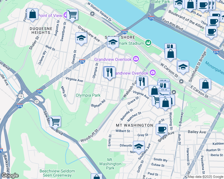 map of restaurants, bars, coffee shops, grocery stores, and more near 327 Amabell Street in Pittsburgh