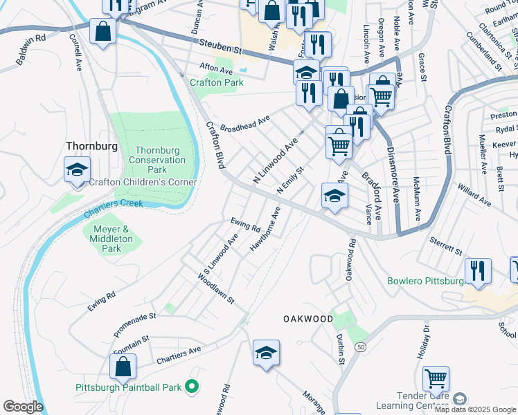 map of restaurants, bars, coffee shops, grocery stores, and more near in Crafton