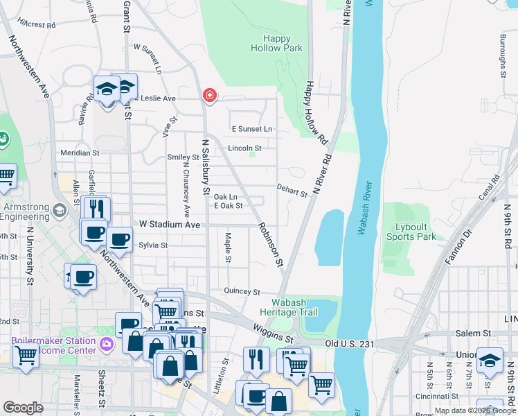map of restaurants, bars, coffee shops, grocery stores, and more near 176 East Stadium Avenue in West Lafayette