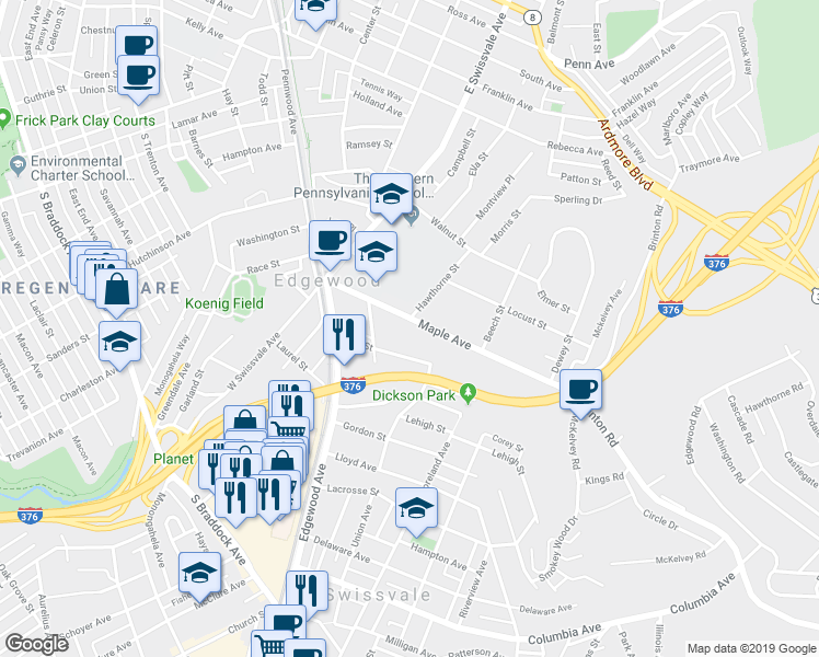 map of restaurants, bars, coffee shops, grocery stores, and more near 300 Maple Avenue in Pittsburgh