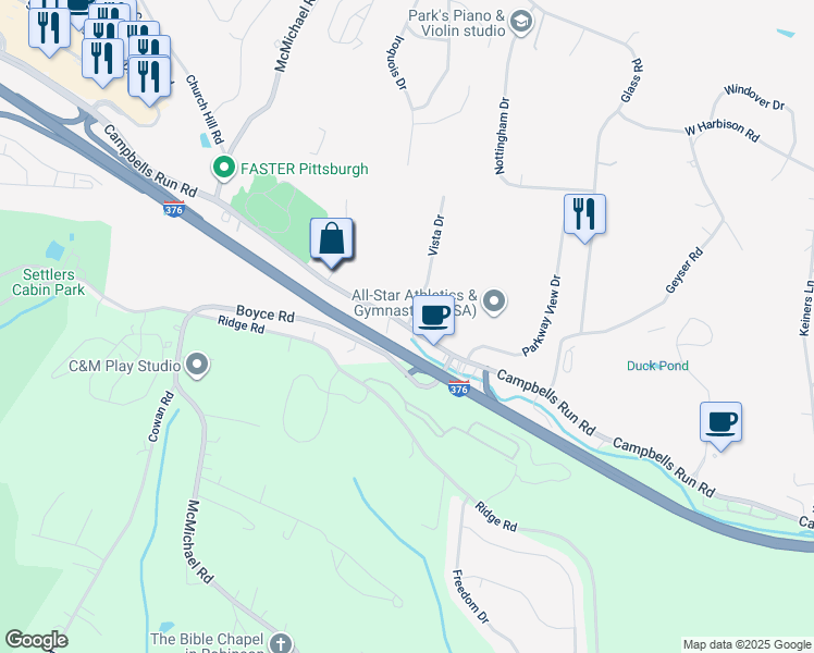 map of restaurants, bars, coffee shops, grocery stores, and more near Campbells Run Road in Allegheny County