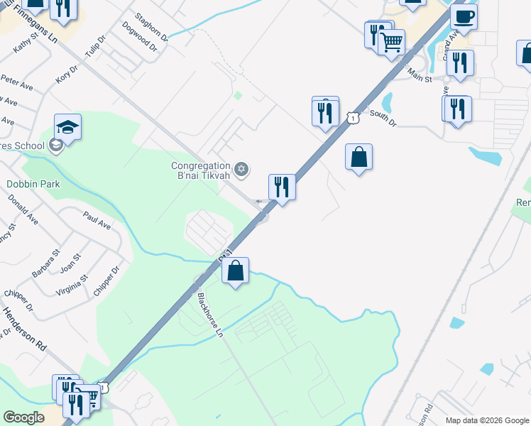 map of restaurants, bars, coffee shops, grocery stores, and more near 1345 U.S. 1 in North Brunswick
