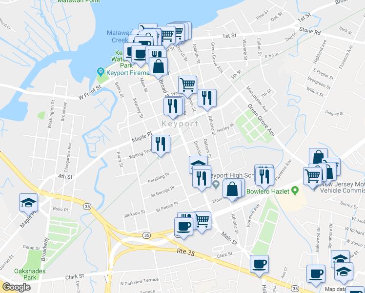 map of restaurants, bars, coffee shops, grocery stores, and more near 252 Broad Street in Keyport