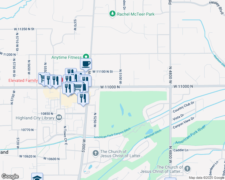 map of restaurants, bars, coffee shops, grocery stores, and more near 5159 West 11000 North in Highland