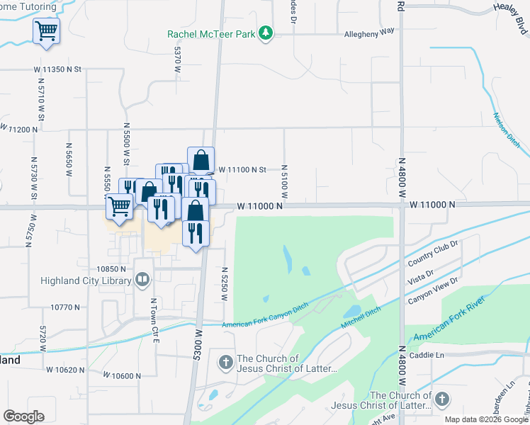 map of restaurants, bars, coffee shops, grocery stores, and more near 5159 West 11000 North in Highland