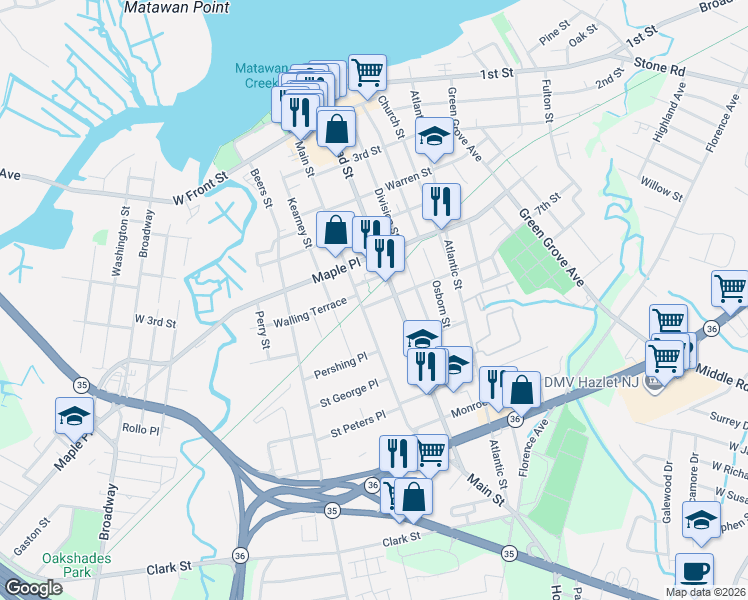 map of restaurants, bars, coffee shops, grocery stores, and more near 210 Main Street in Keyport