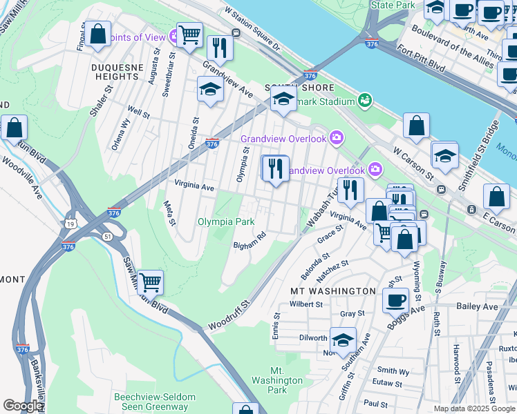 map of restaurants, bars, coffee shops, grocery stores, and more near 432 Bigham Street in Pittsburgh