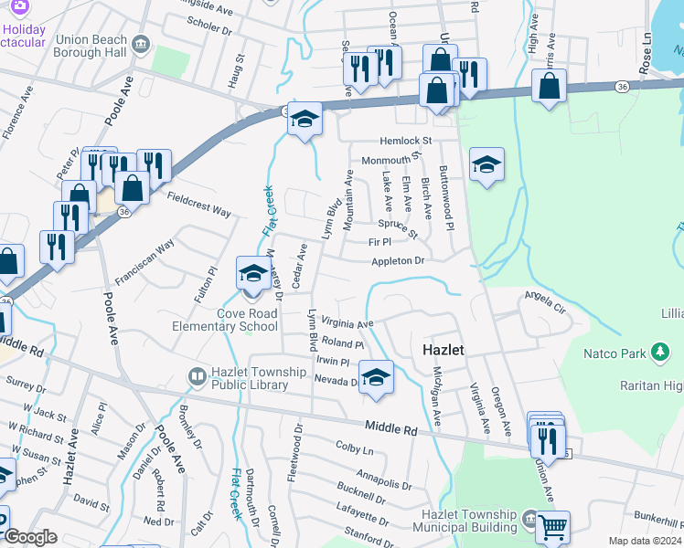 map of restaurants, bars, coffee shops, grocery stores, and more near 7 Redwood Terrace in Hazlet