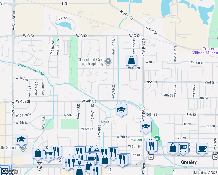 map of restaurants, bars, coffee shops, grocery stores, and more near 326 25th Avenue Court in Greeley