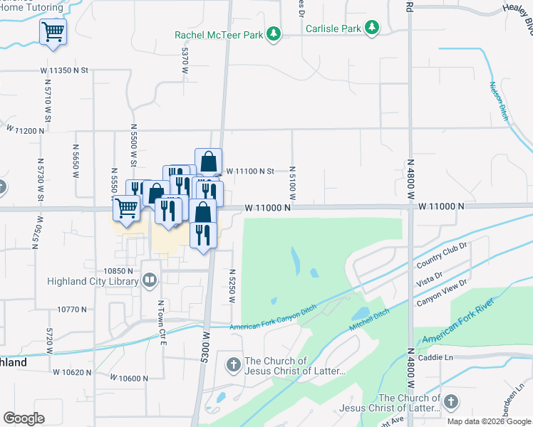 map of restaurants, bars, coffee shops, grocery stores, and more near 5175 West 11000 North in Highland
