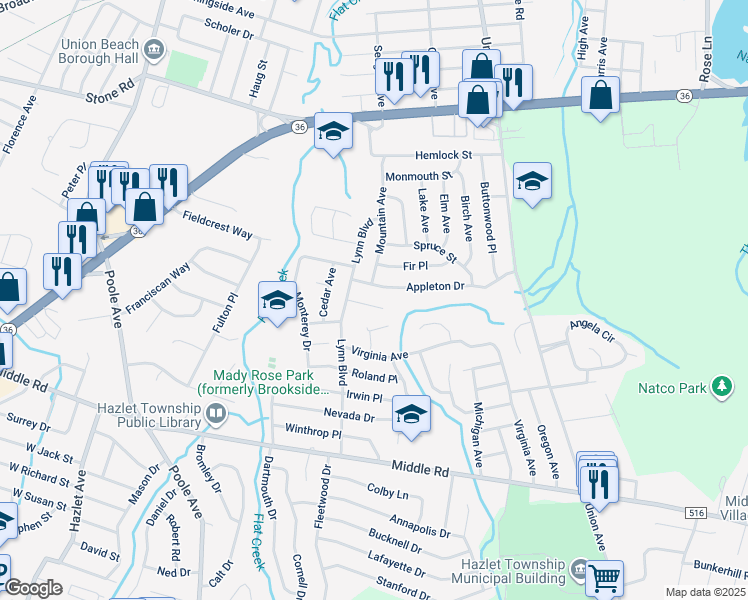 map of restaurants, bars, coffee shops, grocery stores, and more near 7 Redwood Terrace in Hazlet