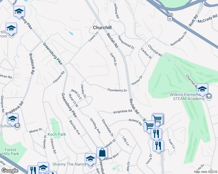 map of restaurants, bars, coffee shops, grocery stores, and more near 137 Thornberry Drive in Penn Hills