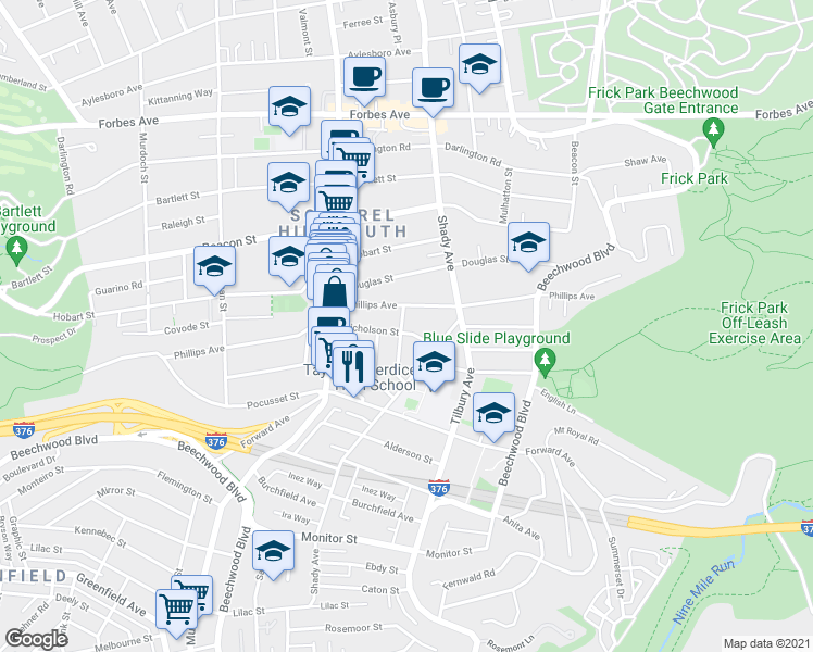 map of restaurants, bars, coffee shops, grocery stores, and more near 5918 Nicholson Street in Pittsburgh