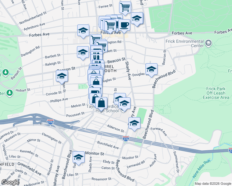 map of restaurants, bars, coffee shops, grocery stores, and more near 5918 Nicholson Street in Pittsburgh