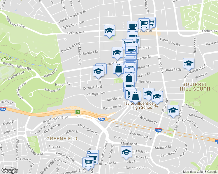 map of restaurants, bars, coffee shops, grocery stores, and more near 5640 Phillips Avenue in Pittsburgh