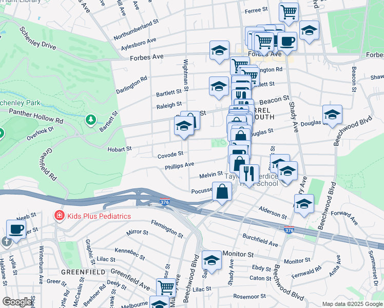 map of restaurants, bars, coffee shops, grocery stores, and more near 5556 Phillips Avenue in Pittsburgh