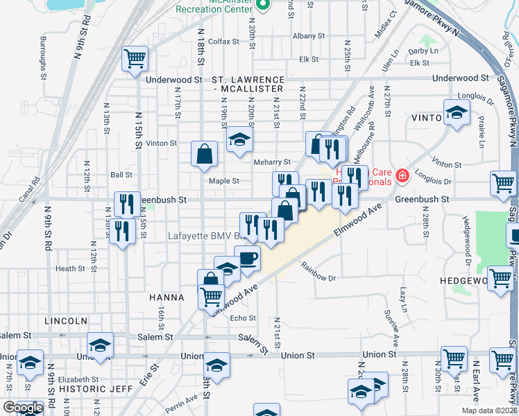 map of restaurants, bars, coffee shops, grocery stores, and more near 1943 Morton Street in Lafayette