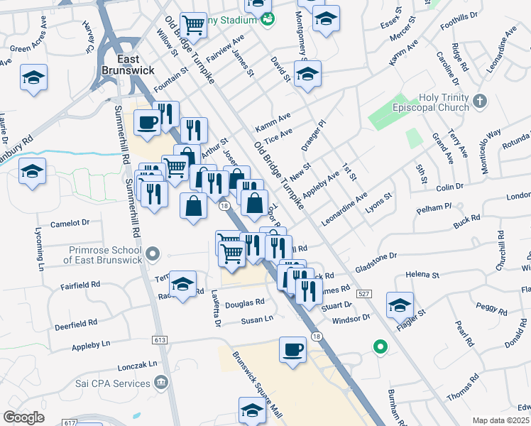 map of restaurants, bars, coffee shops, grocery stores, and more near 690 New Jersey 18 in East Brunswick