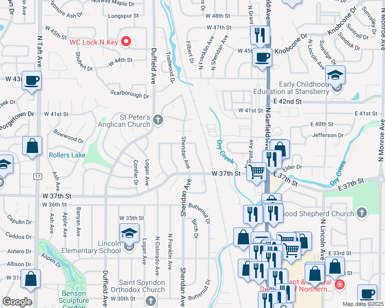 map of restaurants, bars, coffee shops, grocery stores, and more near 3753 Butternut Avenue in Loveland