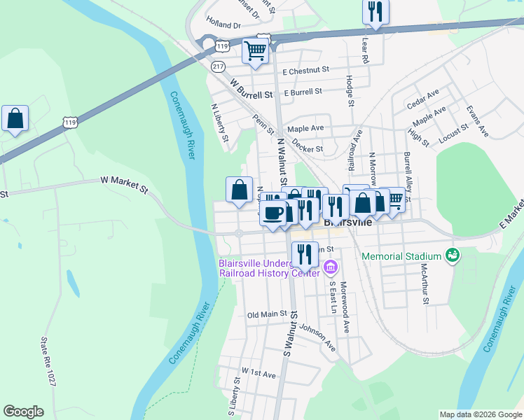 map of restaurants, bars, coffee shops, grocery stores, and more near 99 North Spring Street in Blairsville