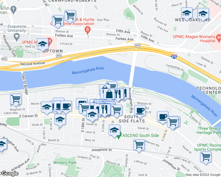 map of restaurants, bars, coffee shops, grocery stores, and more near 1 South 19th Street in Pittsburgh