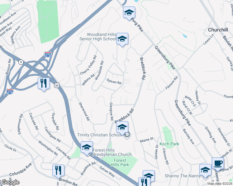 map of restaurants, bars, coffee shops, grocery stores, and more near 218 Glasgow Road in Pittsburgh