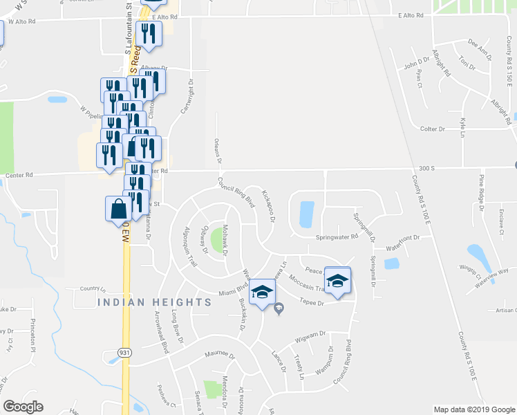 map of restaurants, bars, coffee shops, grocery stores, and more near 5012 Council Ring Boulevard in Kokomo