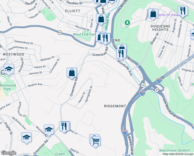 map of restaurants, bars, coffee shops, grocery stores, and more near 448 Ridgemont Drive in Pittsburgh