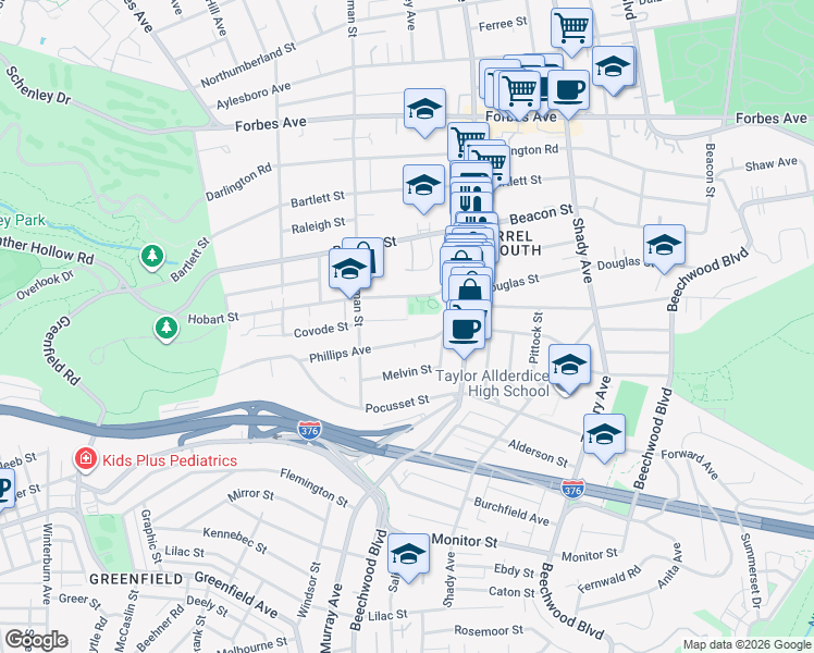 map of restaurants, bars, coffee shops, grocery stores, and more near 5644 Hempstead Road in Pittsburgh