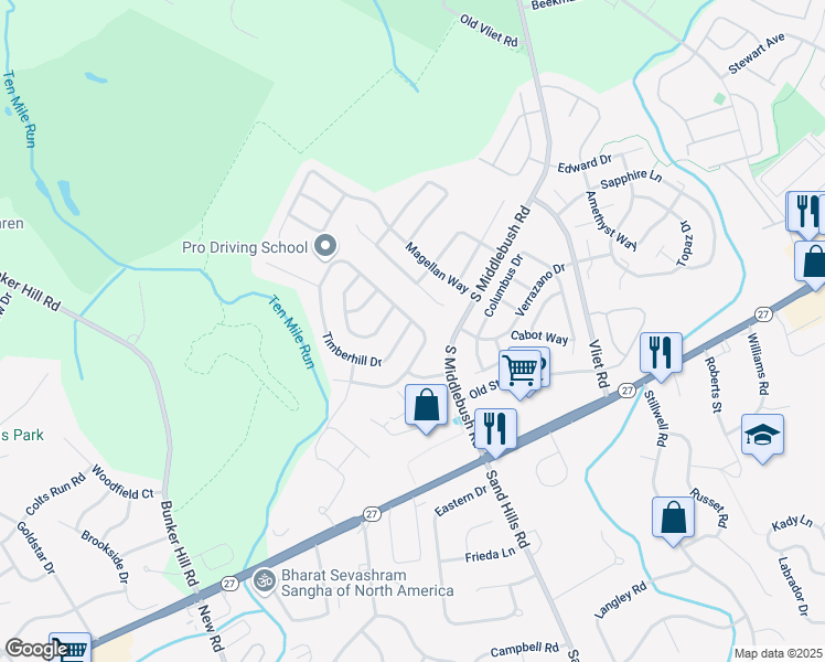 map of restaurants, bars, coffee shops, grocery stores, and more near 42 Timberhill Drive in Franklin Township