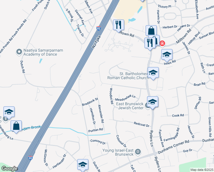 map of restaurants, bars, coffee shops, grocery stores, and more near 34 Peach Orchard Drive in East Brunswick