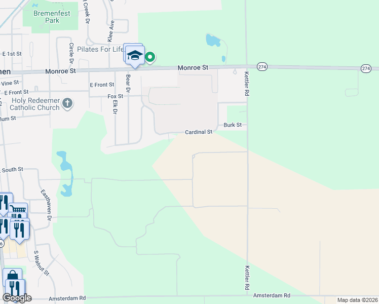 map of restaurants, bars, coffee shops, grocery stores, and more near 141 Cardinal Street in New Bremen