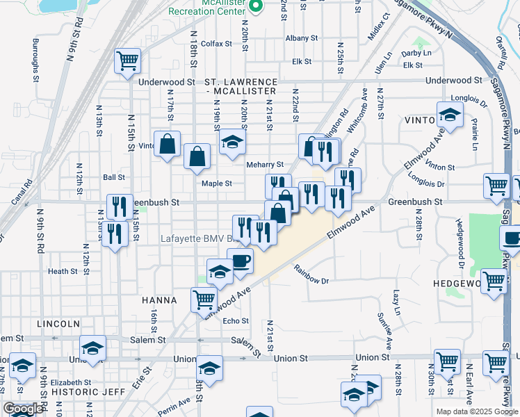 map of restaurants, bars, coffee shops, grocery stores, and more near 2045 Greenbush Street in Lafayette