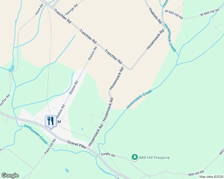 map of restaurants, bars, coffee shops, grocery stores, and more near 1050 Hosensack Road in Montgomery County