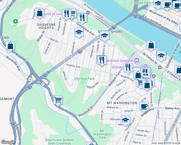 map of restaurants, bars, coffee shops, grocery stores, and more near in Pittsburgh
